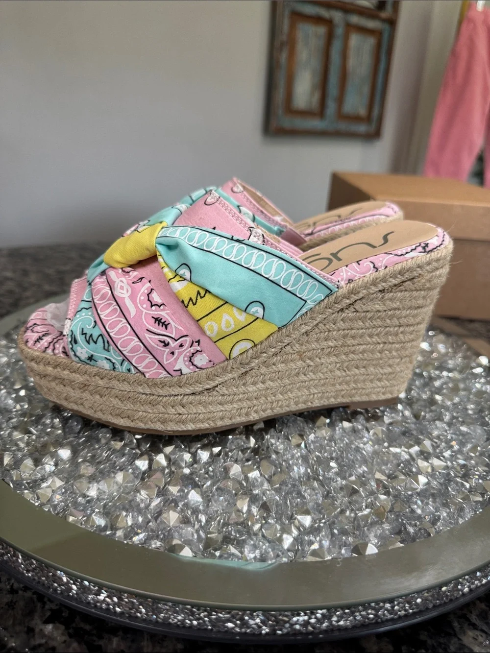 Sugar Bandana-Print Rope Wedge espadrilles Slides in NWT 6